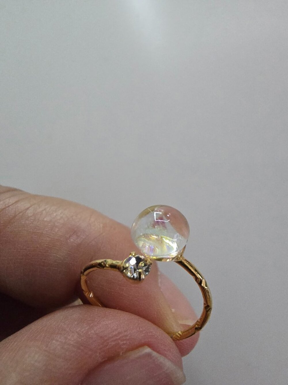 Japanese Dainty Iridescent Glass Orb Adjustable Open Ring Gold Tone Cubic